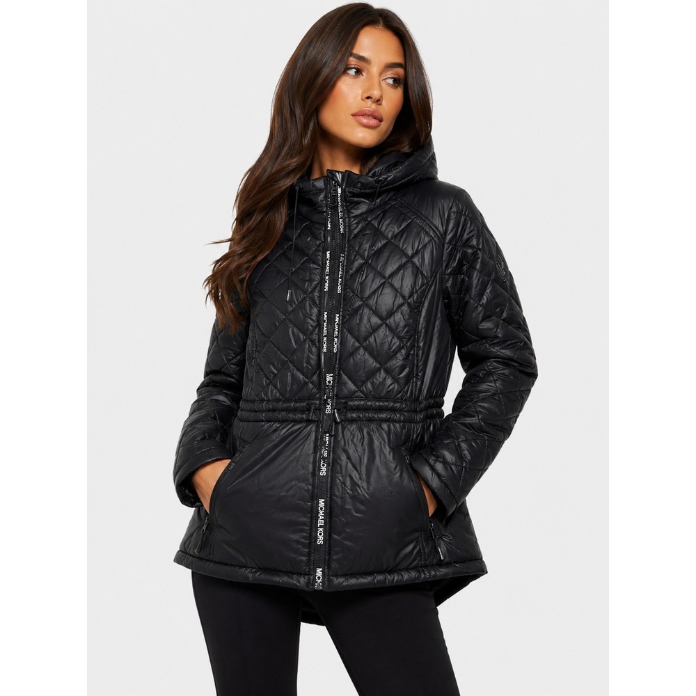 Michael Kors Black Quilted Hooded Puffer Jacket Logo Trim Size M NWOT New